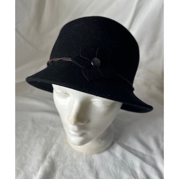 Memar Accessories - Memar Italy Black Wool Cloche Hat Flower Gray Cabochon Stone Brown Twisted Band